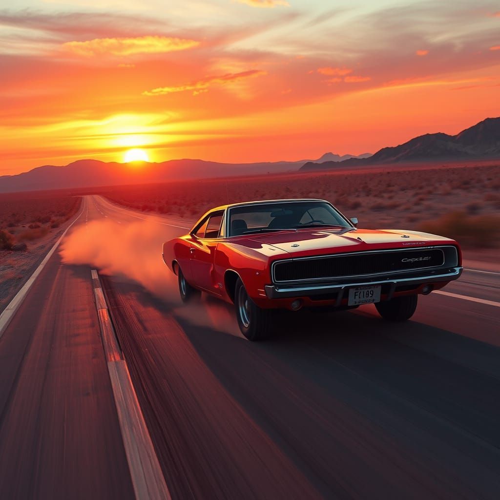 A muscle car speeding across a desert road at sunset