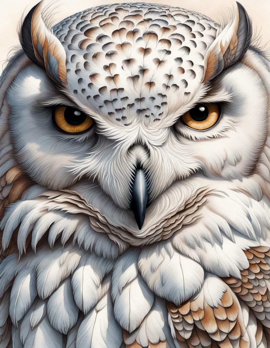 Snowy Owl Portrait in Audubon-Style Watercolor