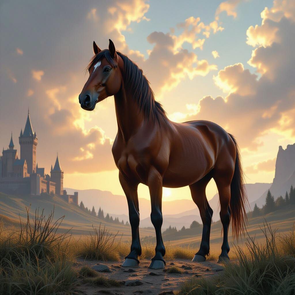 Majestic Brown Horse in Heroic Medieval Fantasy Landscape