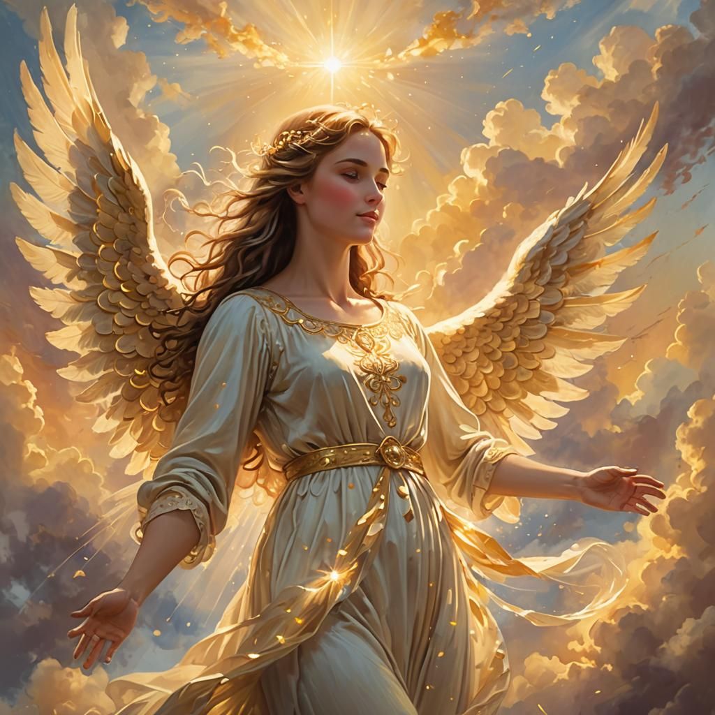 an angelic figure made entirely of golden light, with radian...