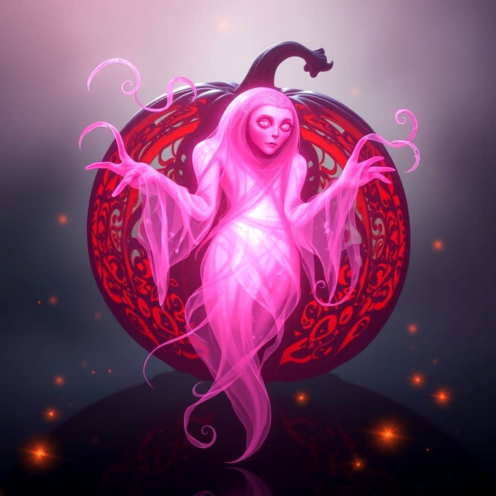 Pink bioluminescent spectre and a pumpkin with filigree carving