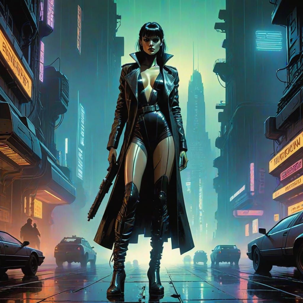 Gritty Cyberpunk Bounty Hunter in Neon Cityscape