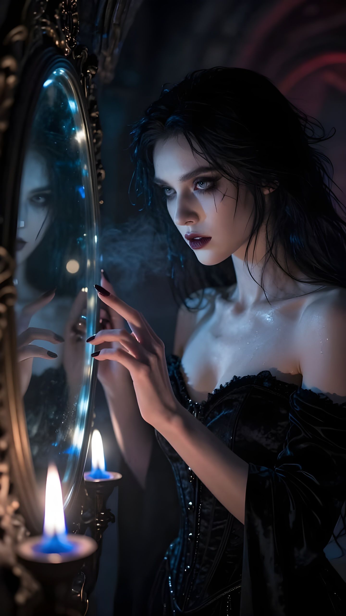 Shadow Sorceress Studies Reflection in Obsidian Mirror