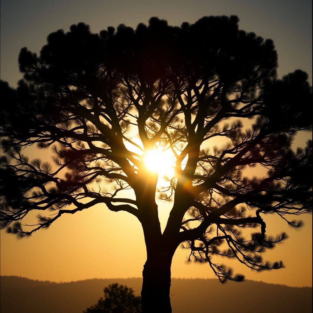 Ethereal Pine Tree Silhouette in Golden Light