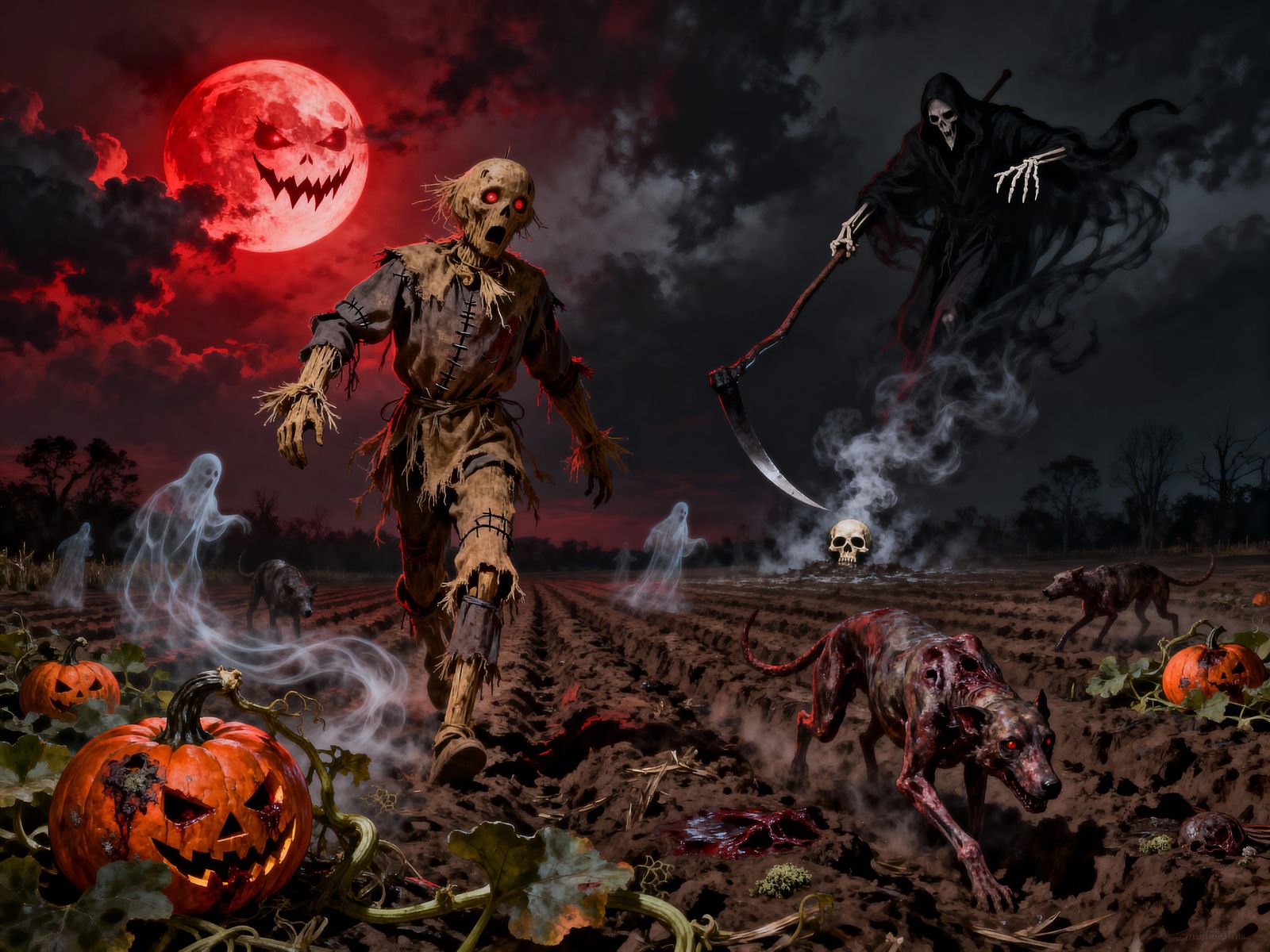 Scarecrow in Eerie Field Under Blood Moon