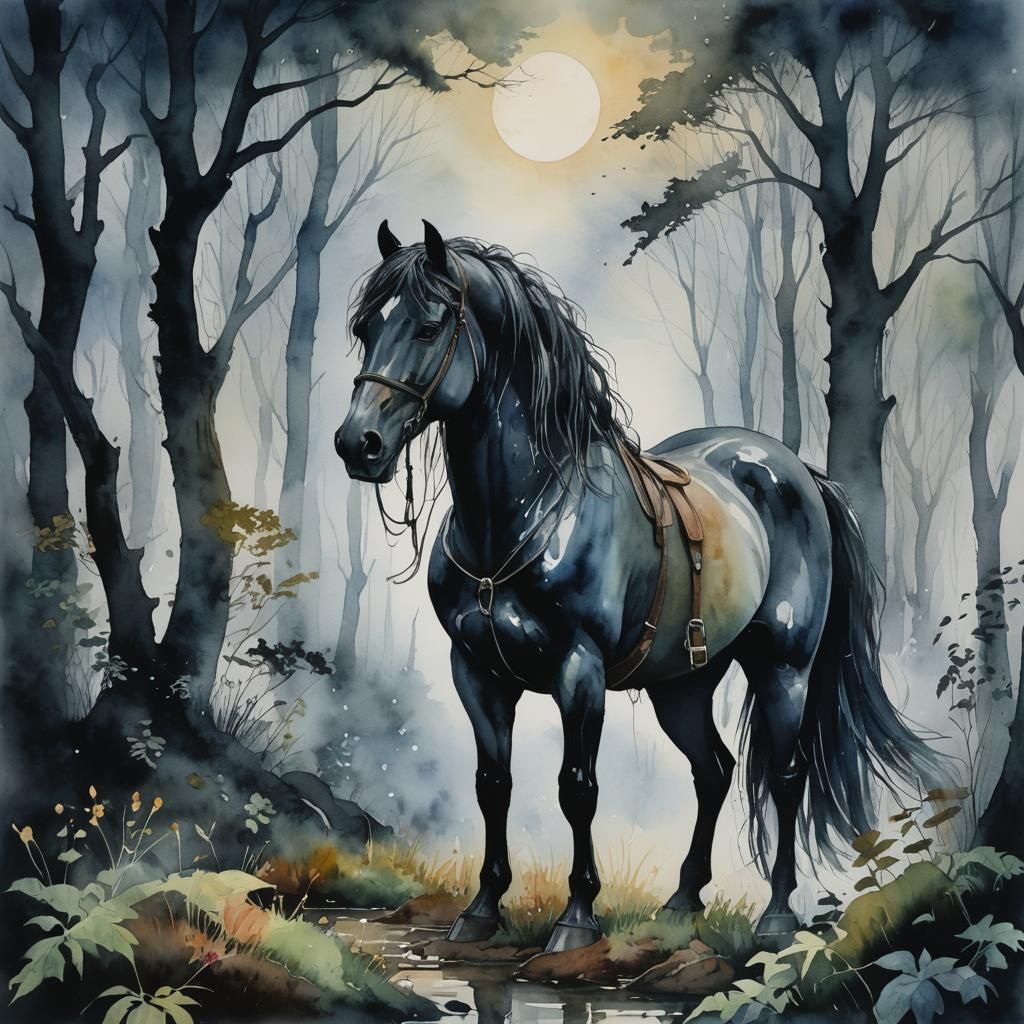 Girl and Spectral Horse in Misty Forest