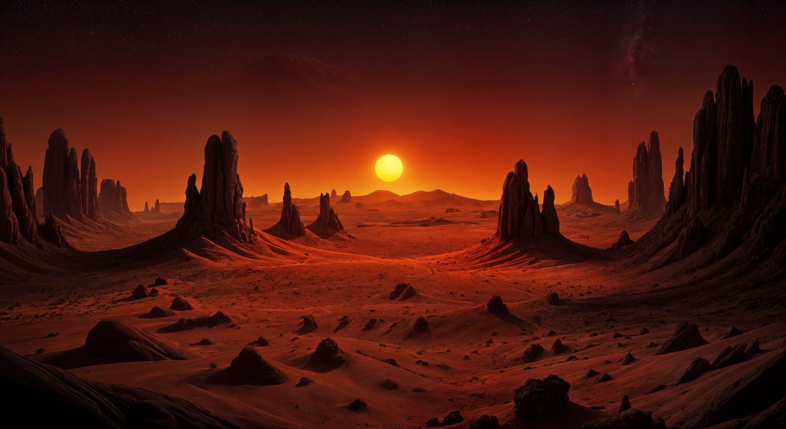 Evocative Red Desert Landscape with Red Sun
