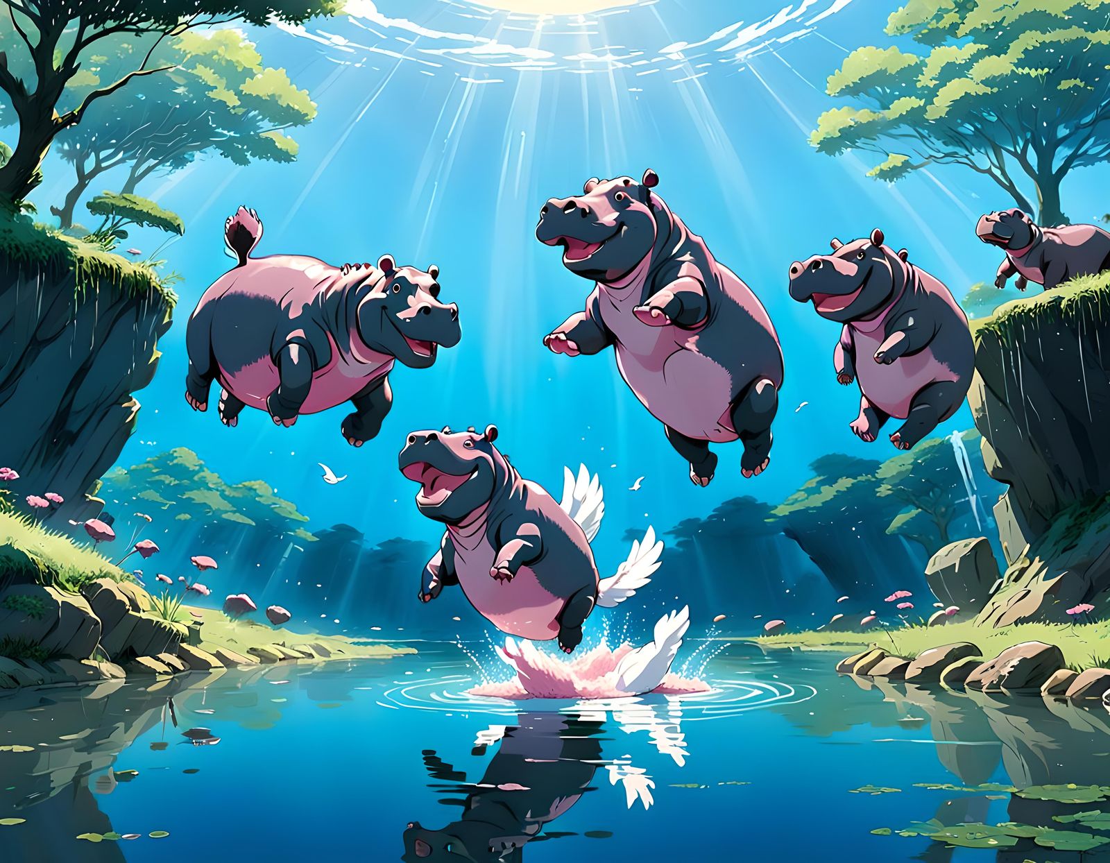 Cartoon Hippos Diving: Ghibli Anime Style