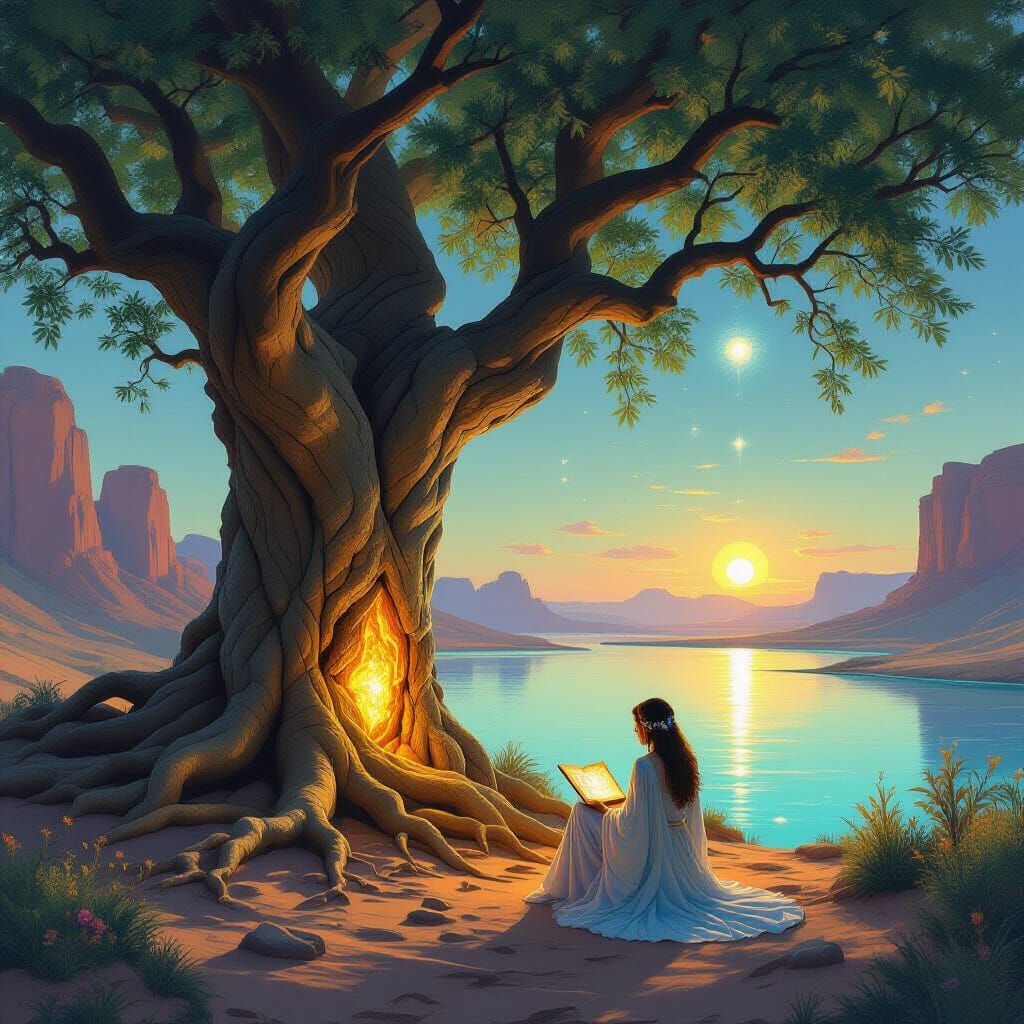 Ancient Tree in Glowing Desert Oasis as Last Sentinel