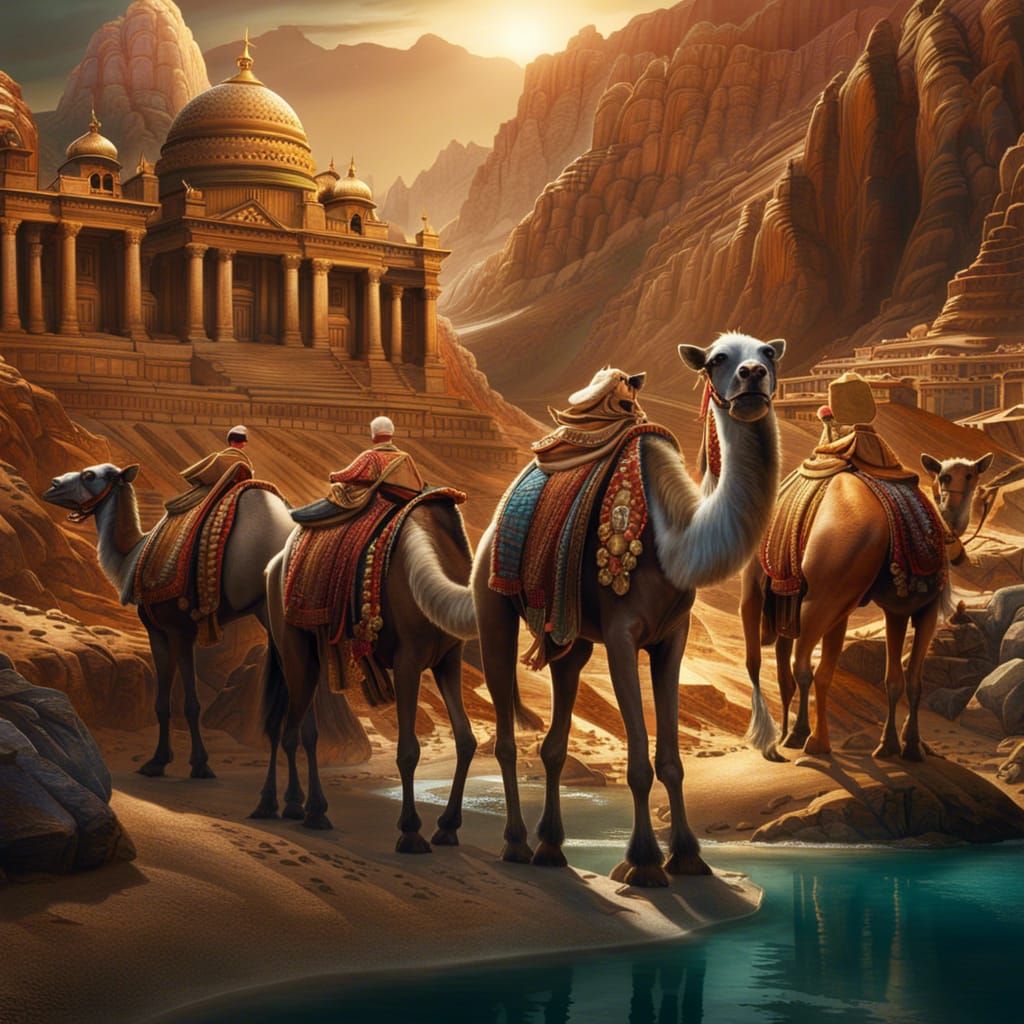 Ornate Camels Sparkle in Epic Desert Landscape