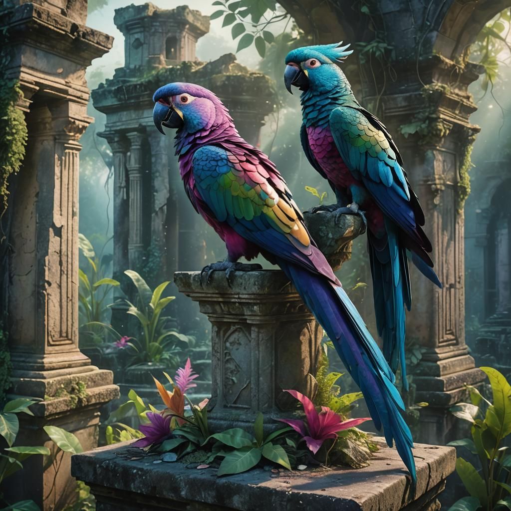 Surreal Fish-Parrot Hybrid in Mystical Ruins