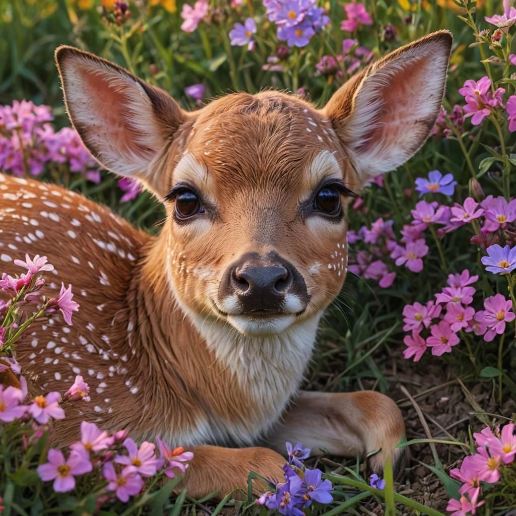 Beautiful Fawn Portrait in Field of Flowers