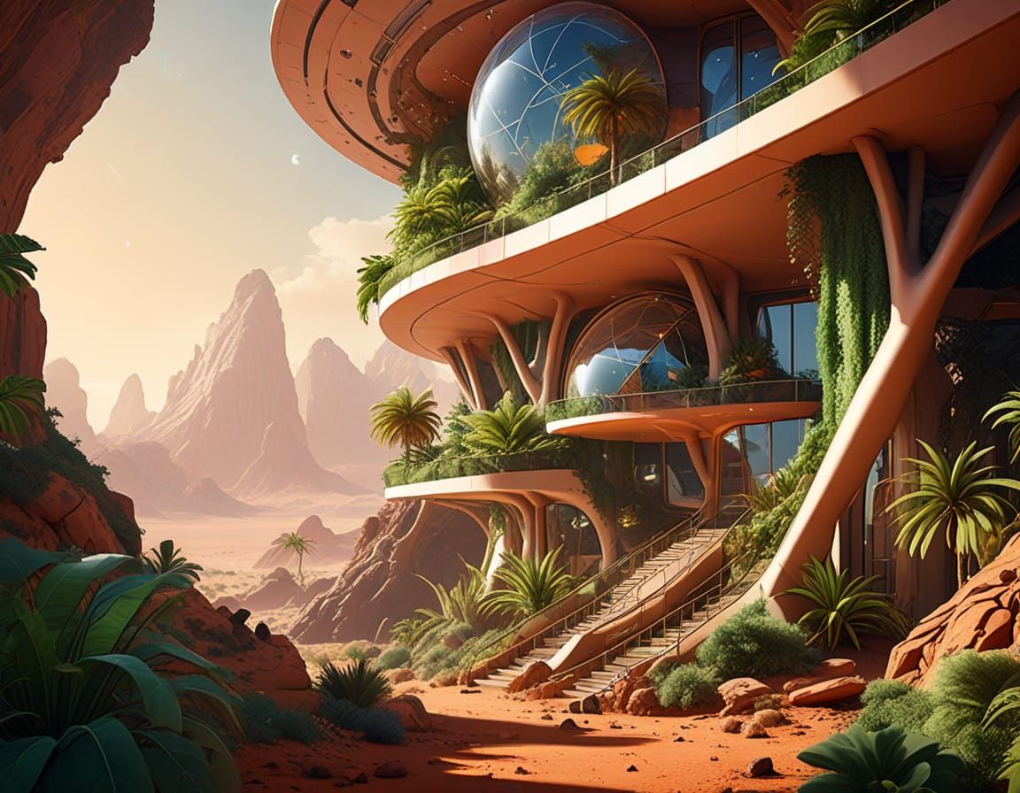 Vibrant Solarpunk Habitat on Mars