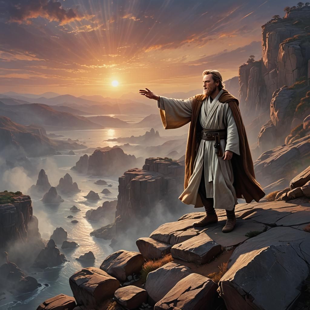 Obi-Wan Kenobi Waving at Binary Sunset