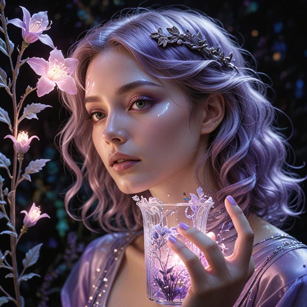 Celestial Botanist with Bioluminescent Flora, Sci-Fi Art