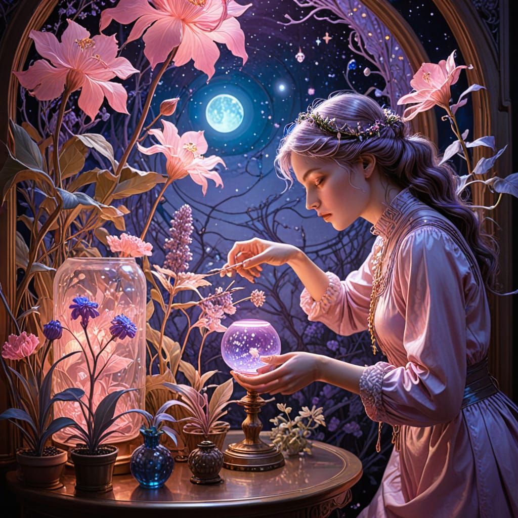 Celestial Botanist with Bioluminescent Flora, Fantasy Art