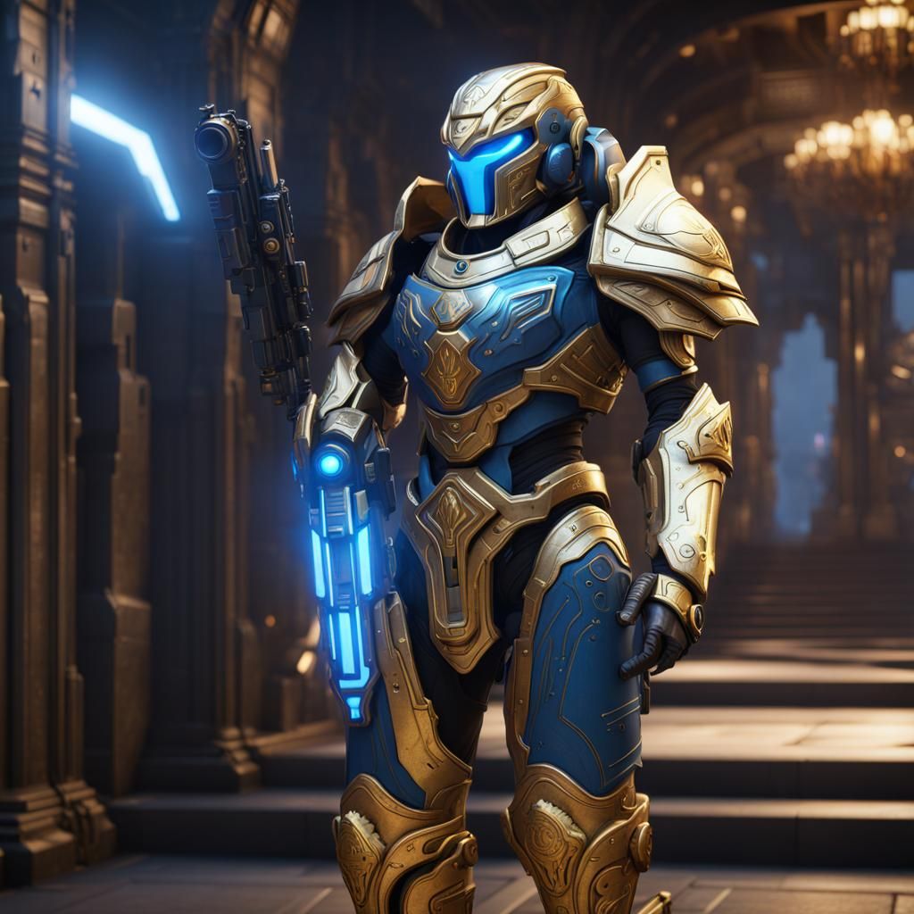 Blue-Skinned Paladin in Glowing Gold Space Armor