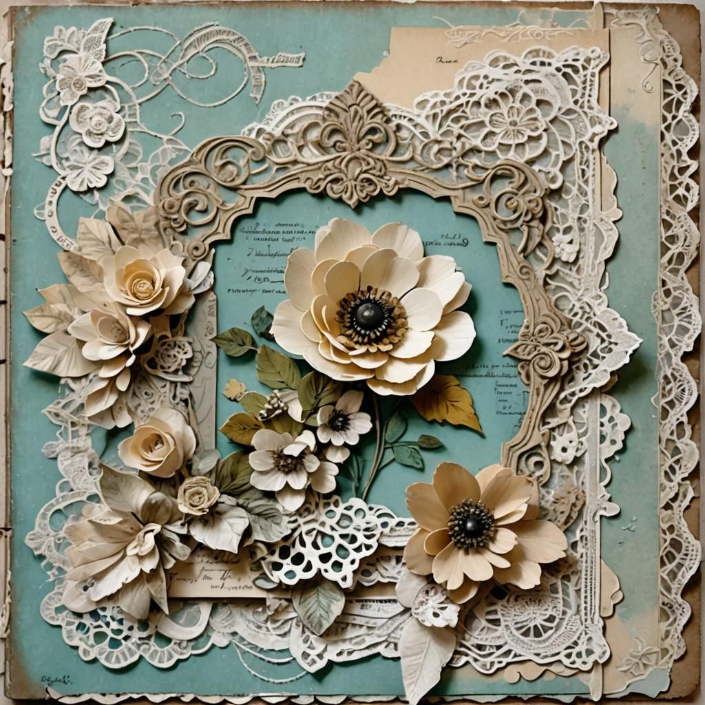 Vintage French Scrapbook Page with Paper Flowers