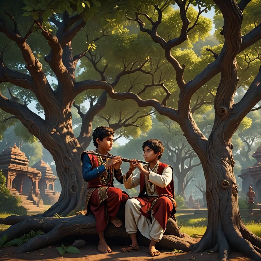 Boy Playing Flute in Indian Clothes Under Tree