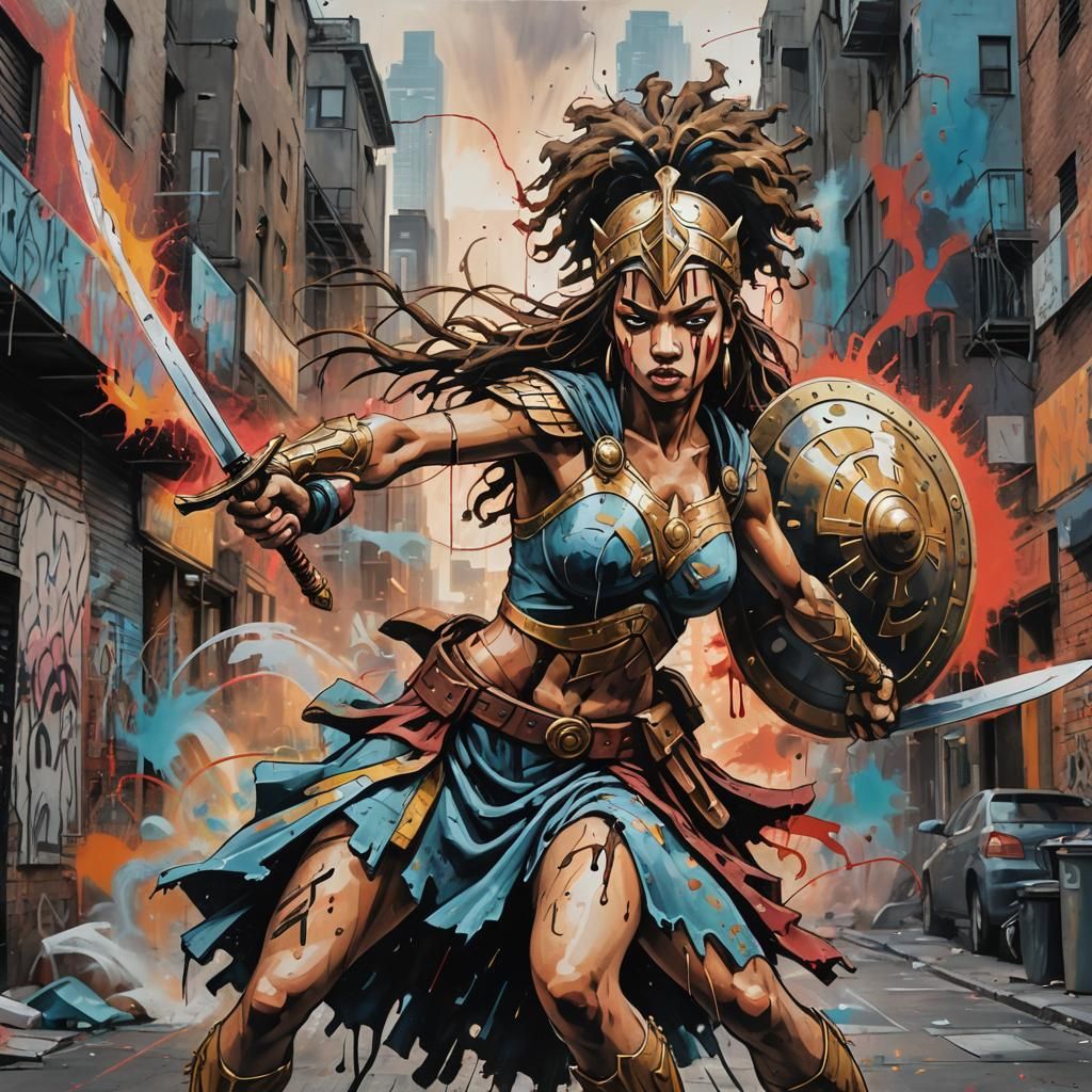 Athena in Urban Combat: Graffiti Art Style