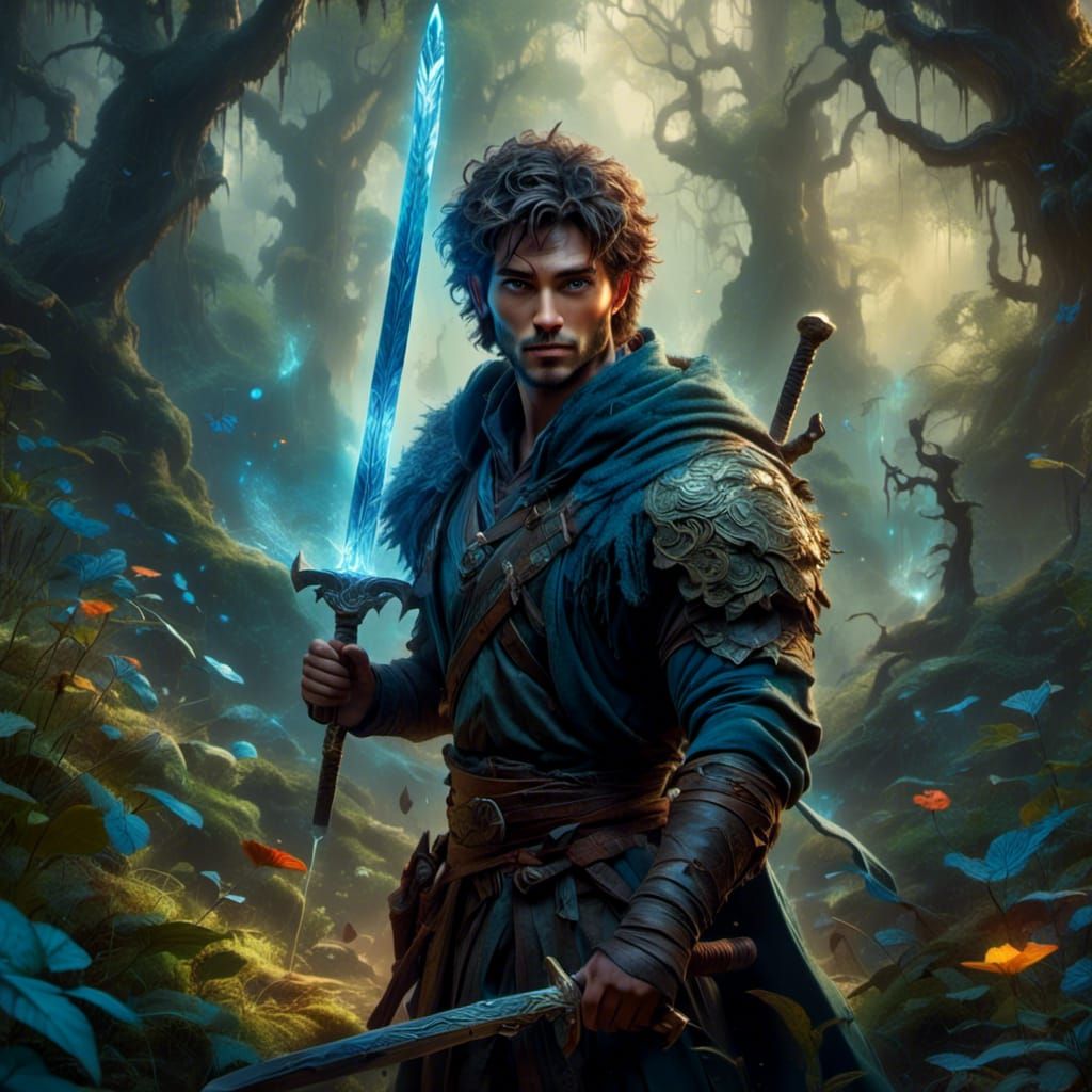 Luminescent Sword in Mystical Forest, Fantasy Artwork