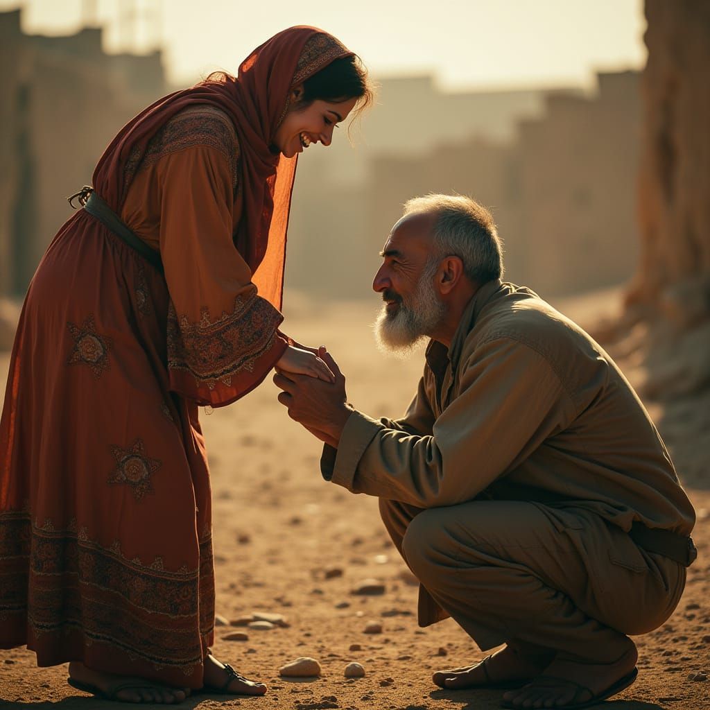 A Humble Israeli Man Kneels in Adoration of a Palestinian Wo...