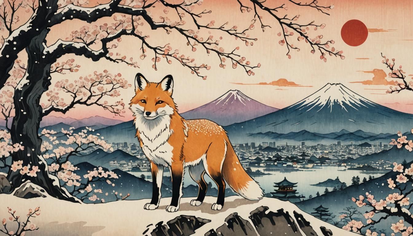 Kitsune Fox in Hiroshige-Inspired Ukiyo-e Landscape