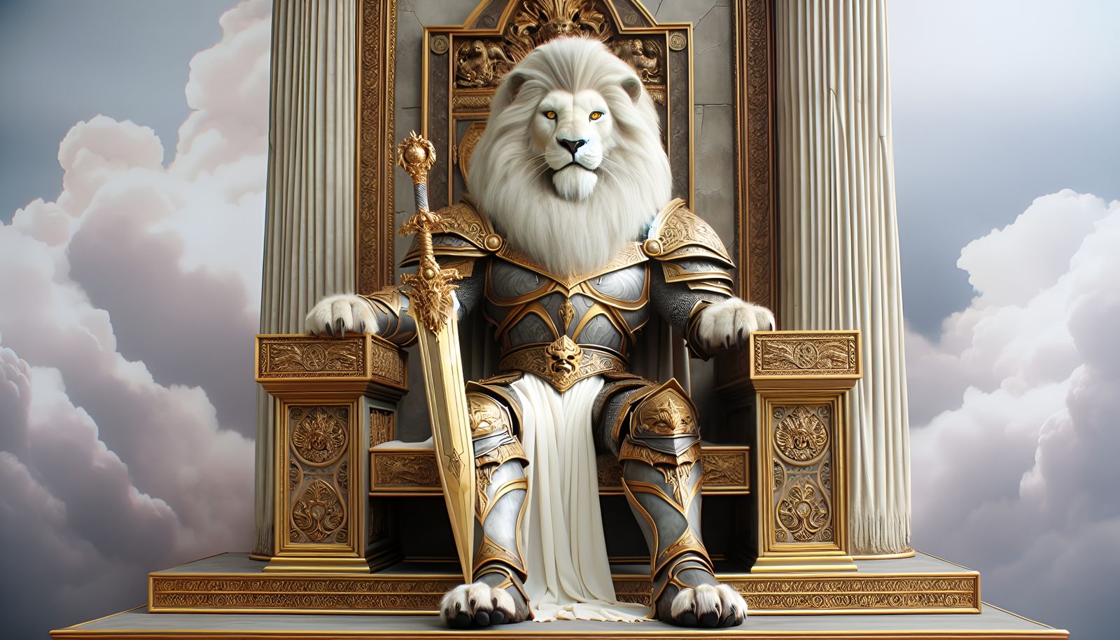 Lion Warrior King on Throne in White and Gold