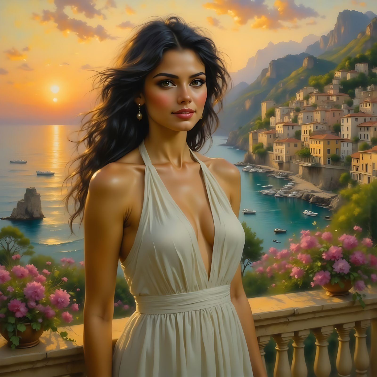 Impressionist Woman Overlooking Amalfi Coast Sunset