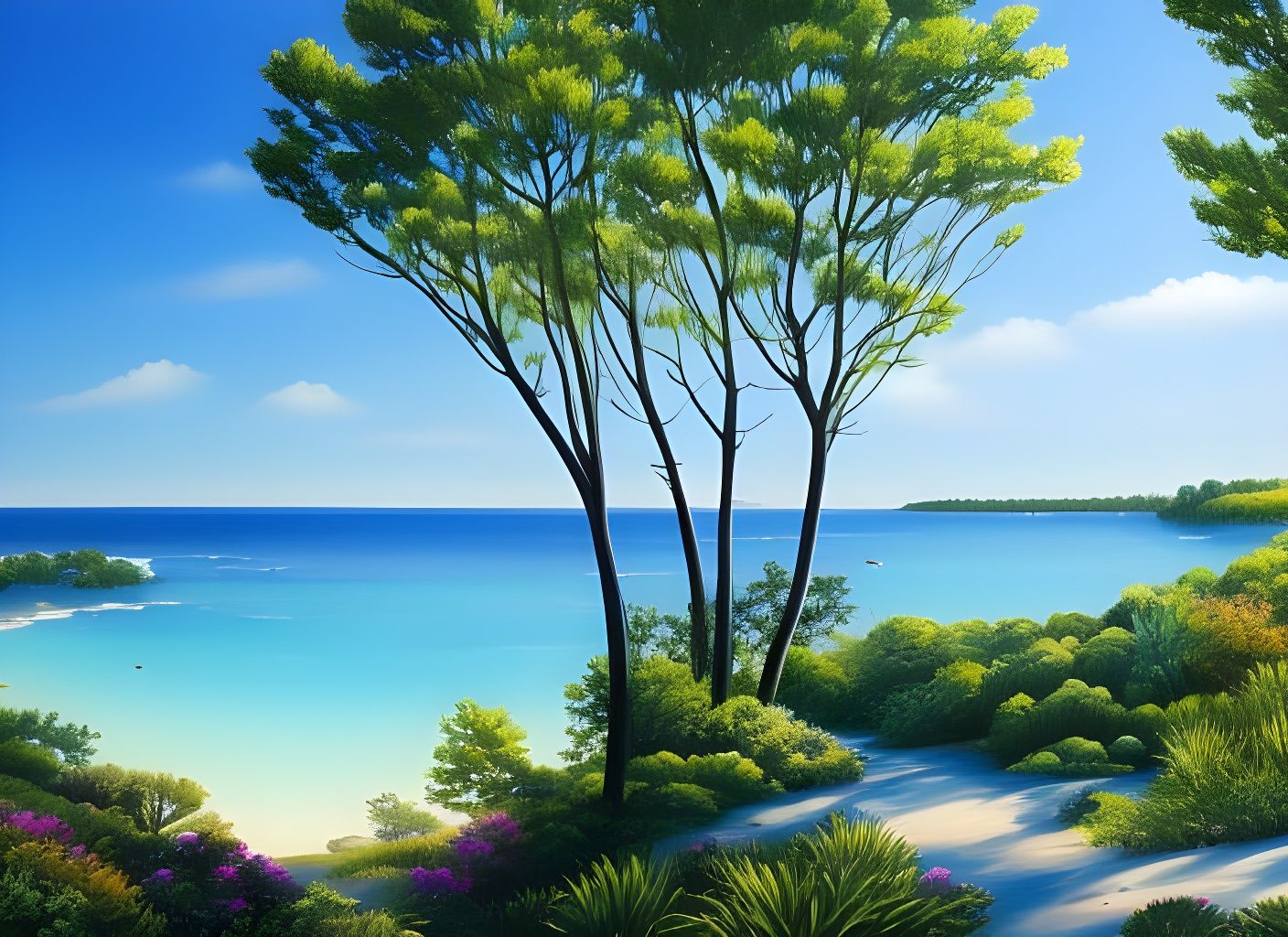 Ocean Forest Landscape Illustration in Ink Art Style