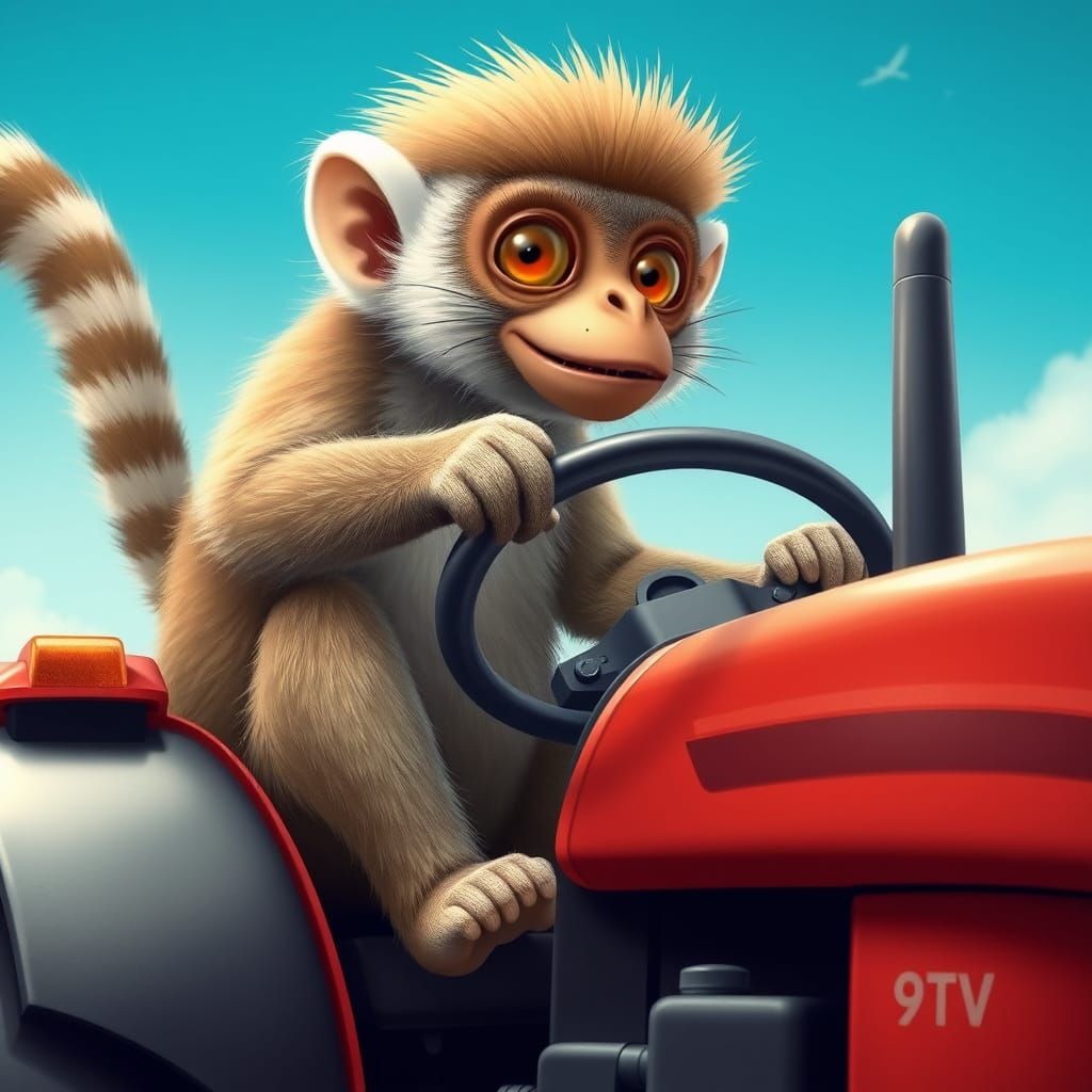 Lemur Monkey Drives Tractor in Bright Image