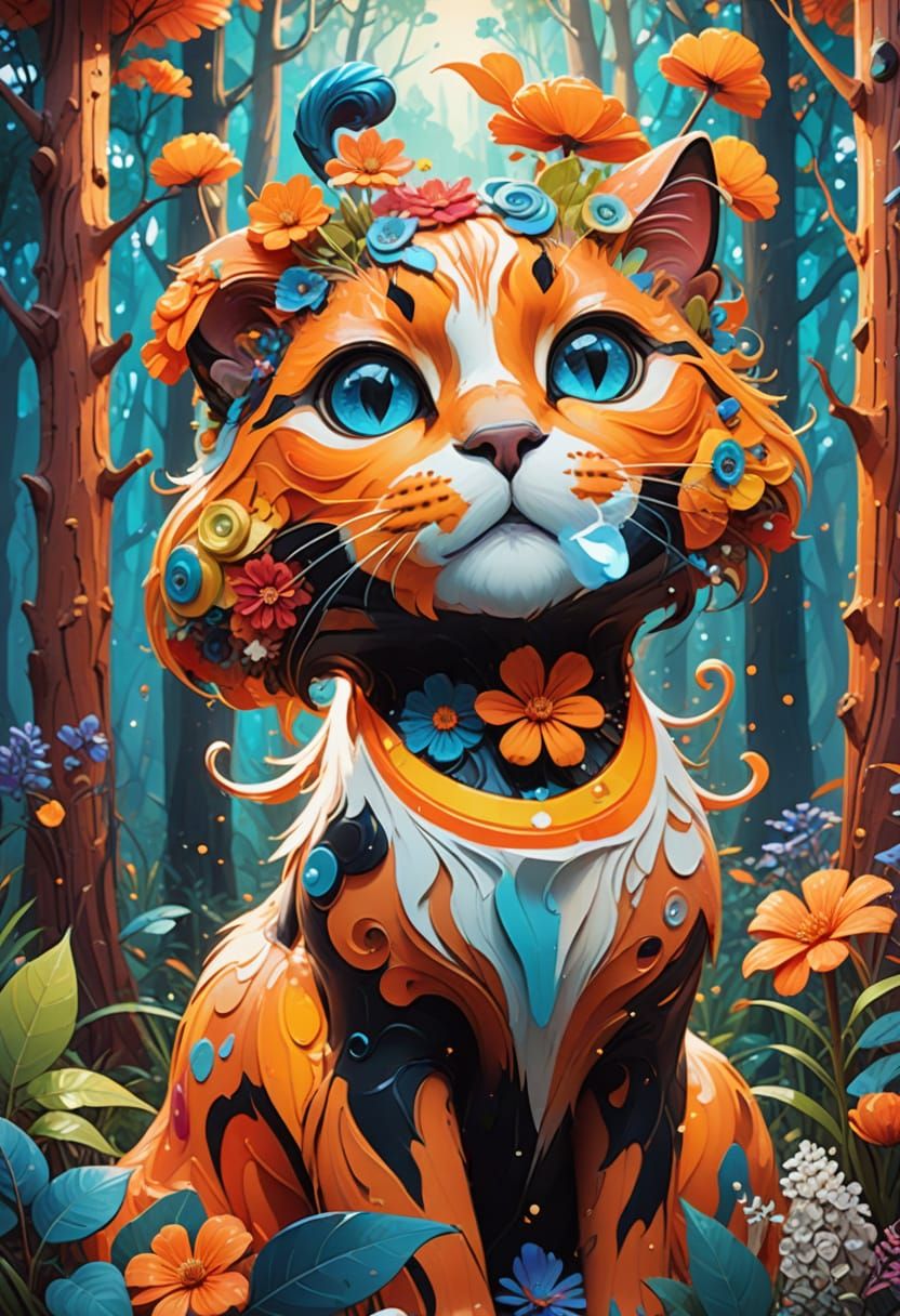 Mystical Cat in Vibrant Popart Forest
