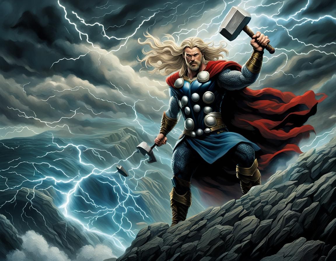 WIND Picture closeup the mythological god Thor standing atop a stormy cliff, his hammer raised high, summoning fierce w...