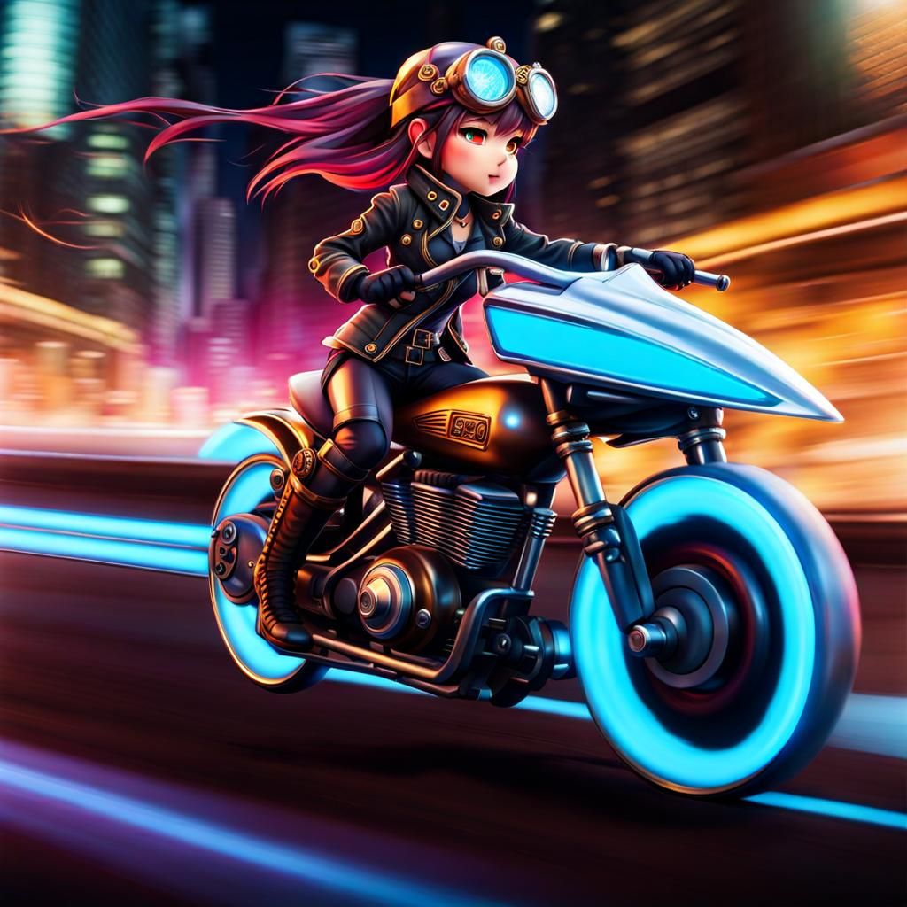 Steampunk Biker Girl Speeds Through Neon City