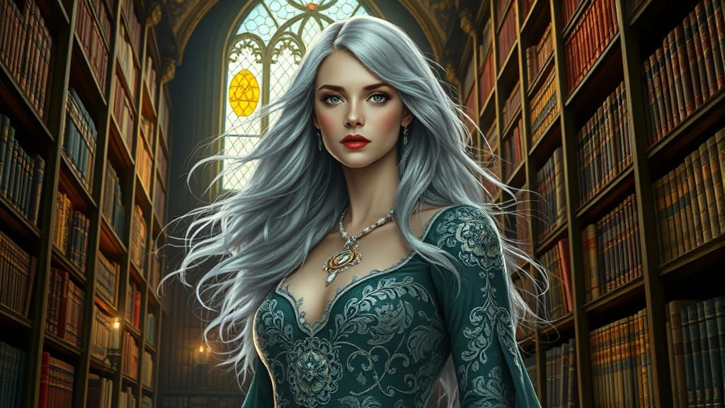 Silver-Haired Woman in Library, Art Nouveau Style