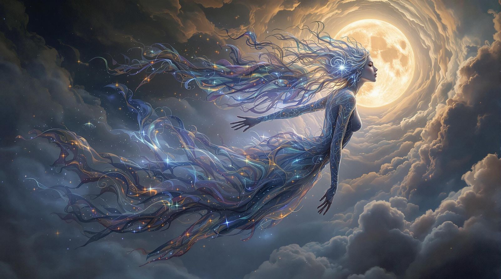 Ethereal Spirit Woman Dances Among Swirling Cosmic Clouds