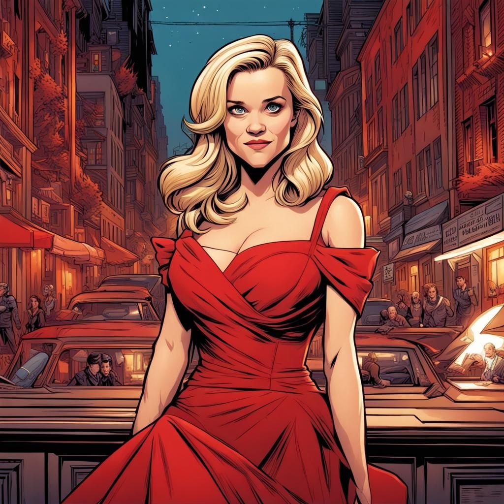 Woman in Red Dress, Comic Book Art Style