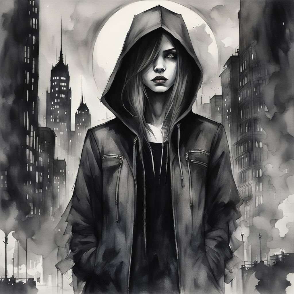 Vampire Girl in City, Watercolor Charcoal Art