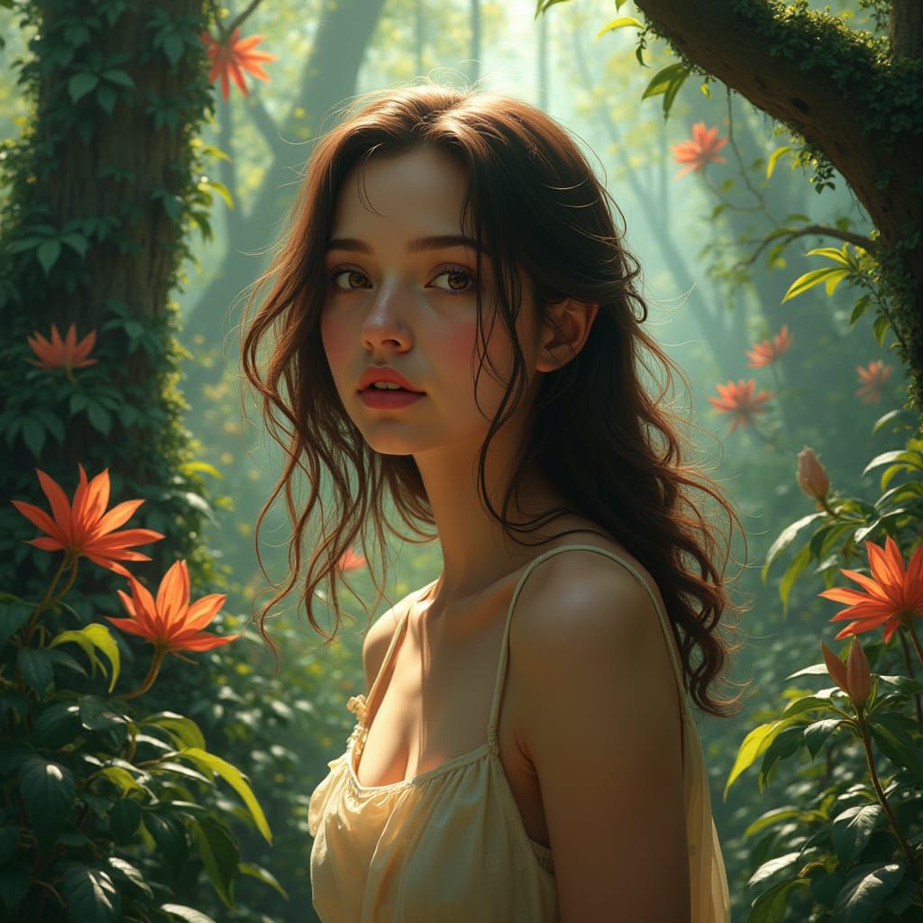 Serene Forest Goddess in Hyperrealistic Style