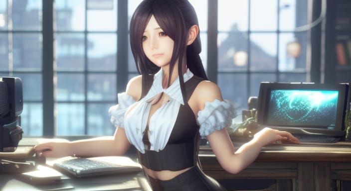 Photorealistic Girl at Computer Desk with Volumetric Lightin...