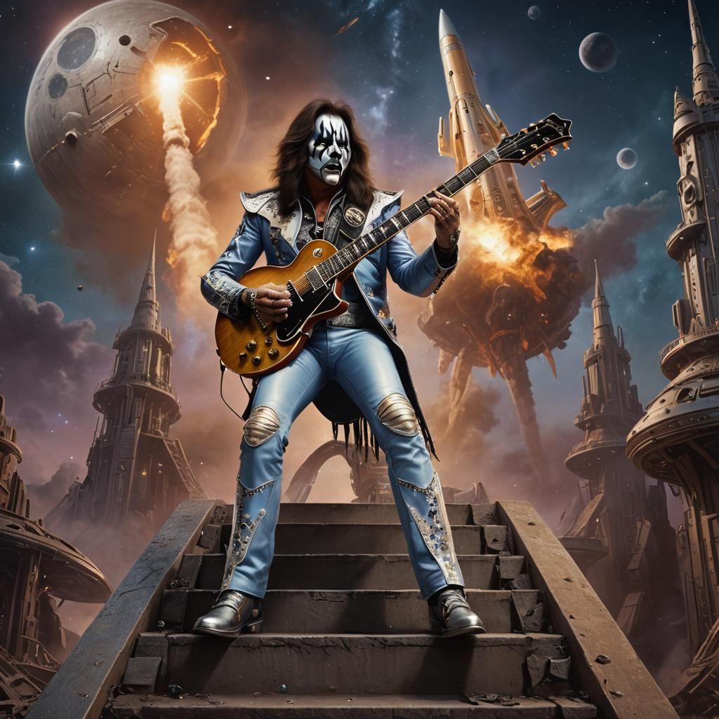 Rock Legend Plays Guitar on Spaceship, Detailed Matte Painti...