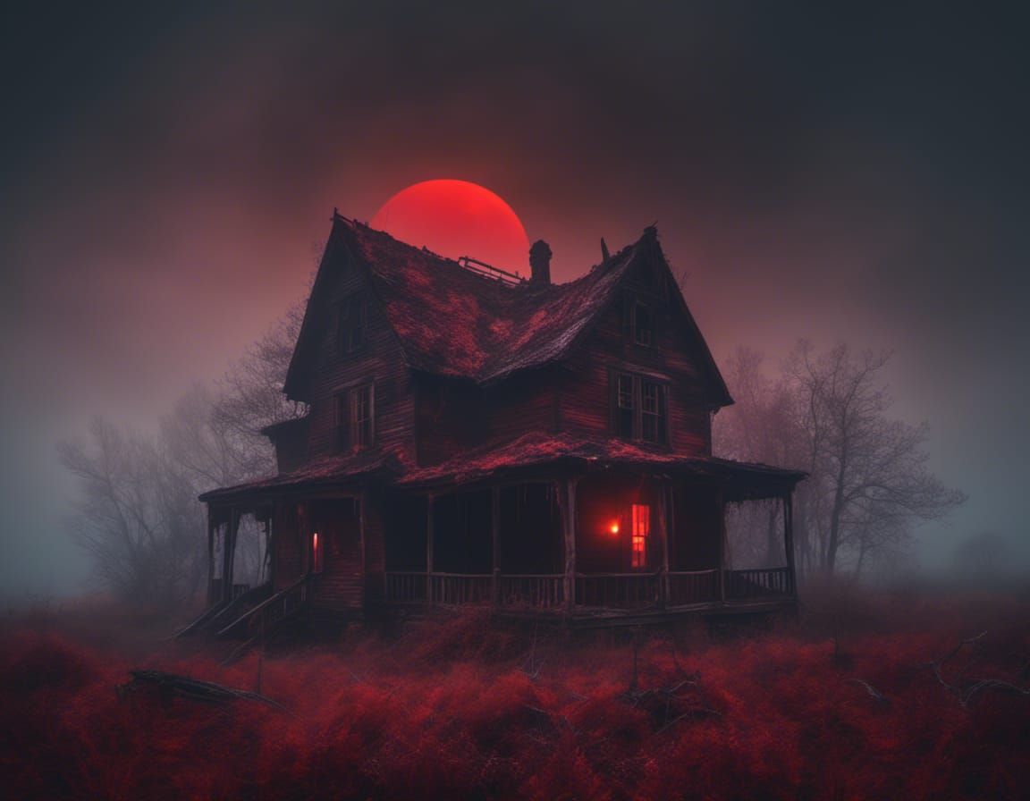 Eerie House in Barren Wasteland with Red Moon