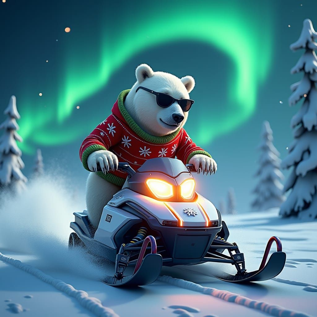 Polar Bear on Snowmobile with Aurora Borealis
