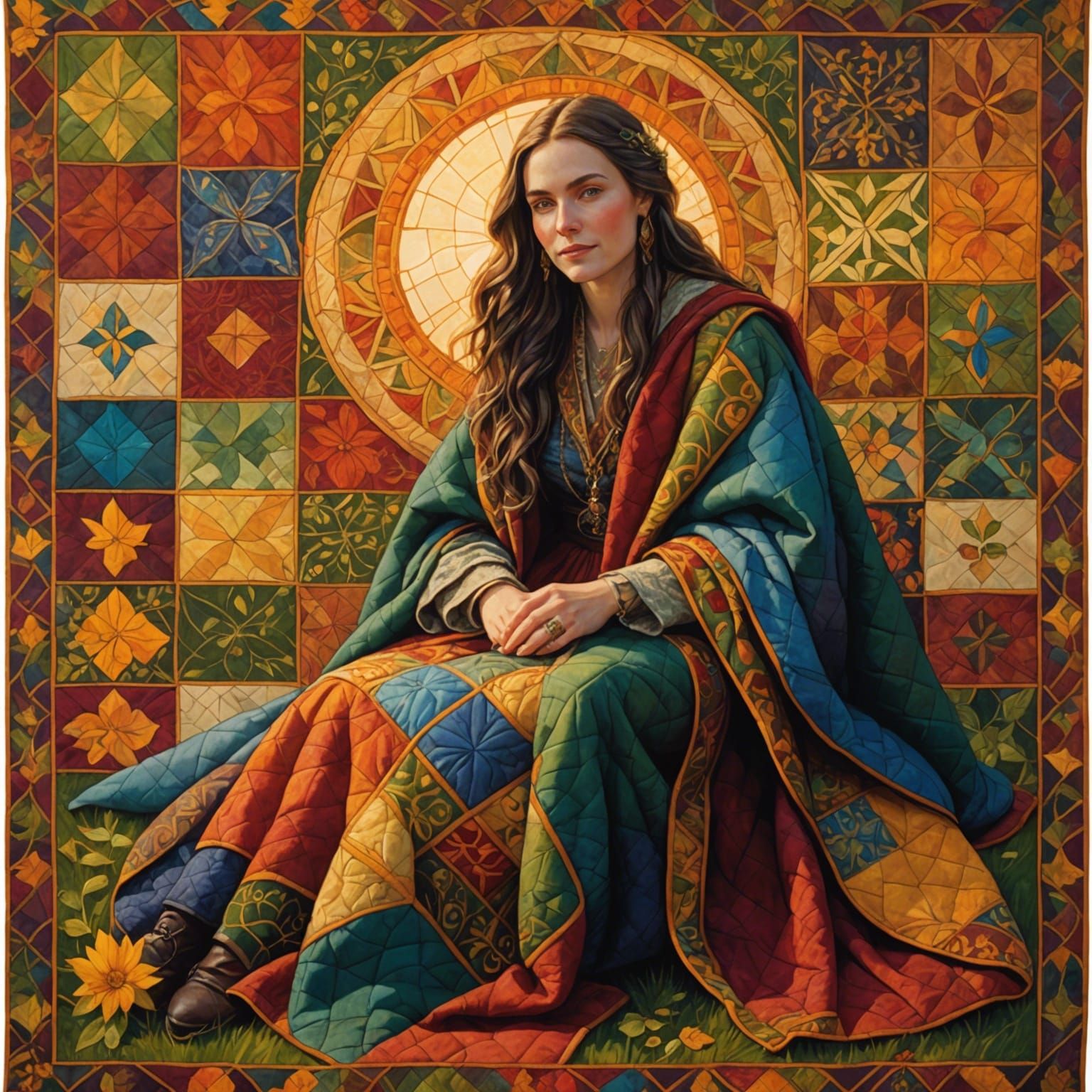 Woman with Patchwork Quilt in Golden Hour Lighting