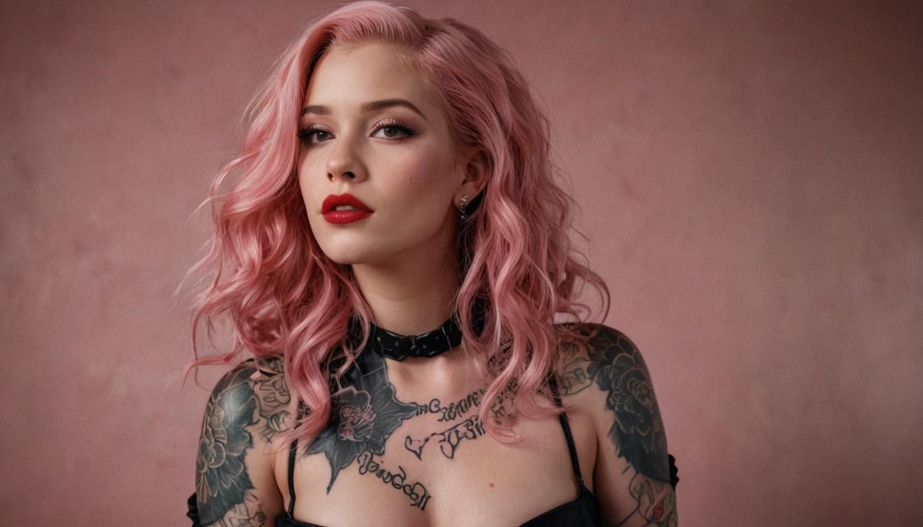 Beautiful Tattooed Woman with Pink Hair in Film Still