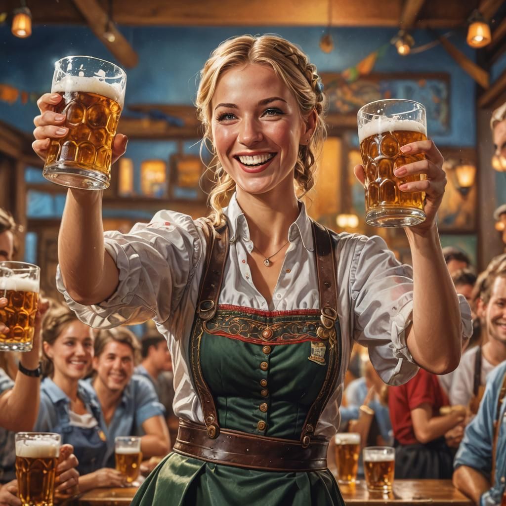 Oktoberfest Waitress with Beer Mugs: Hyperrealistic Splash A...