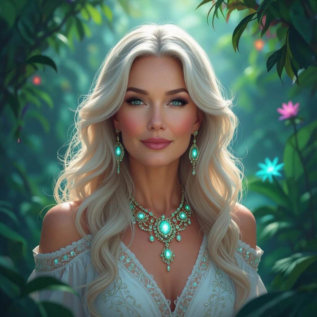 Bioluminescent Woman in Futuristic Garden Art Nouveau Style