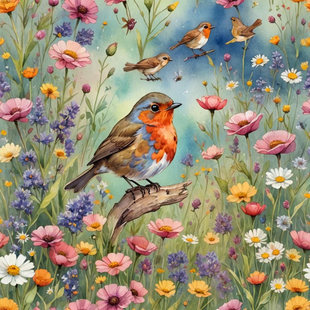 Robin and Teddy Bear in Watercolor Meadow