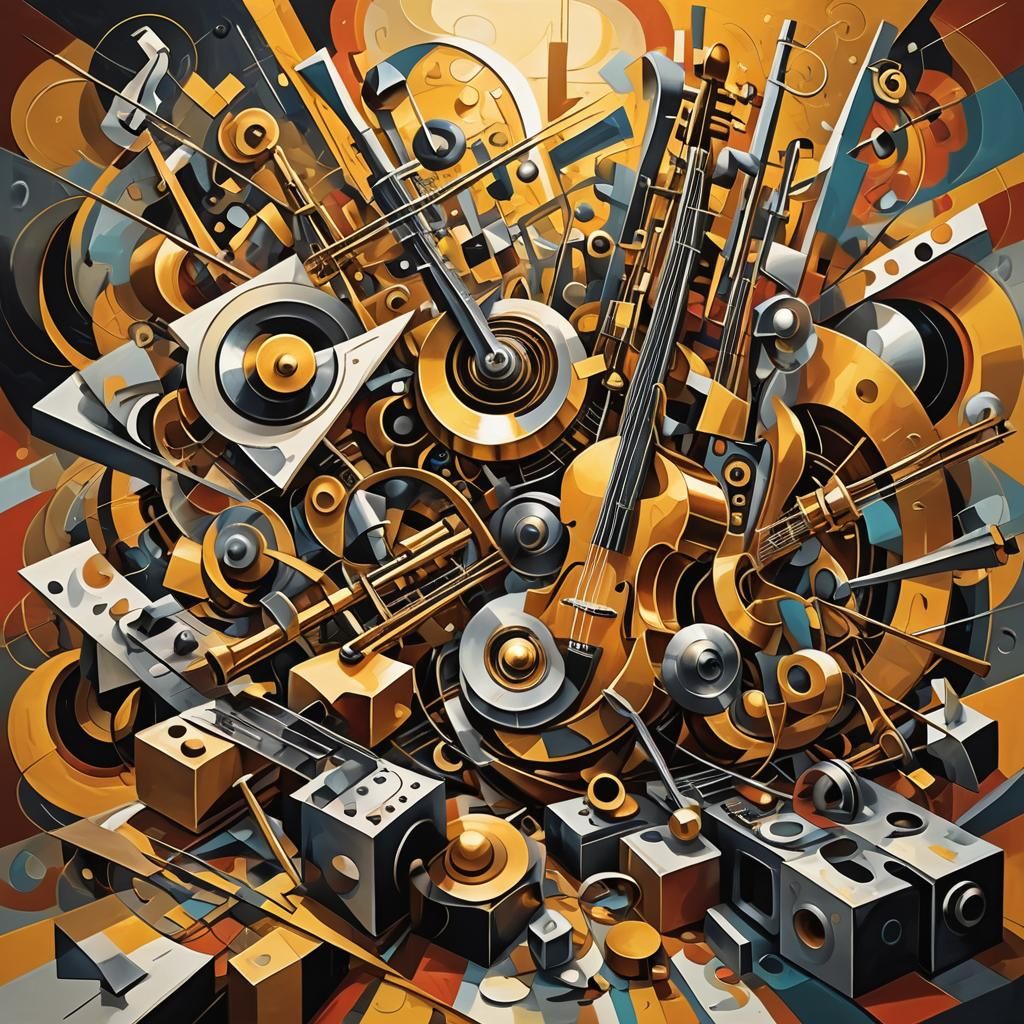 Cubist Metal Instruments Creating Sound Waves