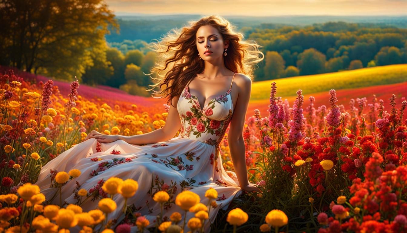 Woman in Sundress Resting in Autumn Flower Field